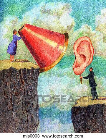 A businessman holding up a big ear to a big megaphone View Large Illustration Drawing - A businessman holding up a big ear to a big megaphone. Fotosearch