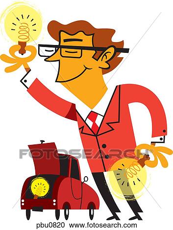 Clipart - A businessman holding up a light bulb and in the background is a car with a light in the hood. Fotosearch