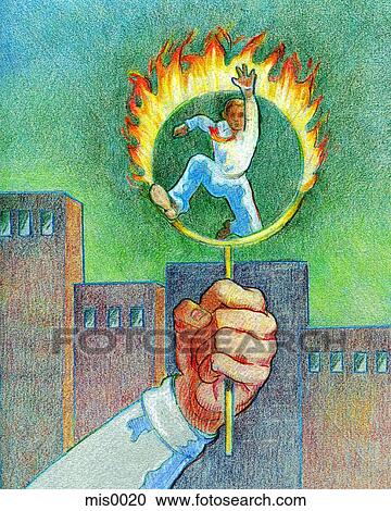 A businessman jumping through a ring of fire View Large Illustration Clipart - A businessman jumping through a ring of fire. Fotosearch