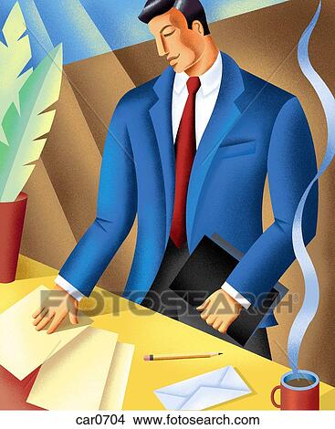 A businessman looking at paper on his desk View Large Illustration Stock Illustration - A businessman looking at paper on his desk. Fotosearch