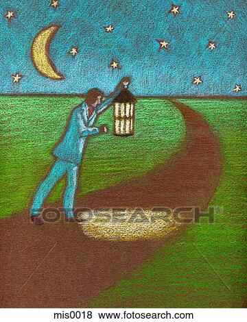 Stock Illustration - A businessman using a lantern to light his way along a path. Fotosearch