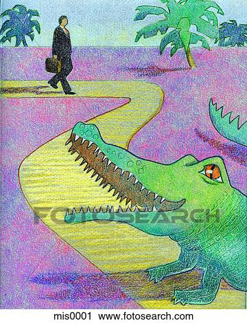 A businessman walking down an aisle with a crocodile at the end of the pathway View Large Illustration Clip Art - A businessman walking down an aisle with a crocodile at the end of the pathway. Fotosearch
