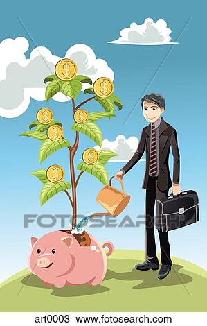 A businessman watering a money tree growing out of a pig View Large Illustration Drawing - A businessman watering a money tree growing out of a pig. Fotosearch