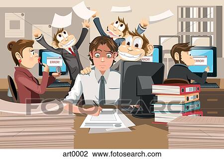 A businessman working with a bunch of monkeys View Large Illustration Drawing - A businessman working with a bunch of monkeys. Fotosearch
