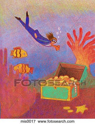Stock Illustration - A businesswoman snorkeling near a treasure. Fotosearch