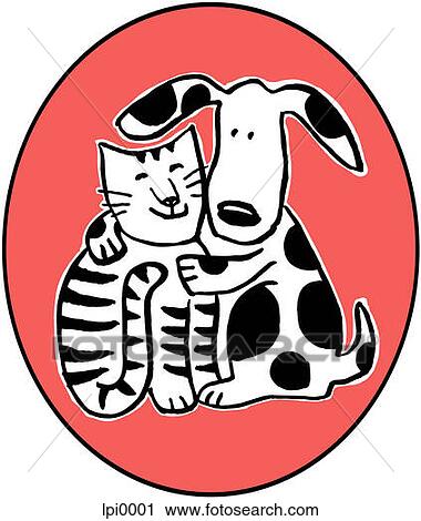 Clip Art - A cat and dog hugging one another. Fotosearch