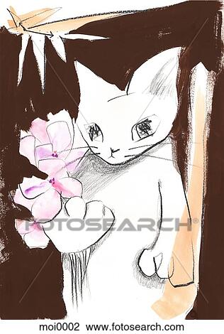 A cat holding flowers View Large Illustration Drawing - A cat holding flowers. Fotosearch