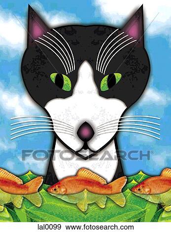 Stock Illustration - A cat looking at goldfish swimming. Fotosearch