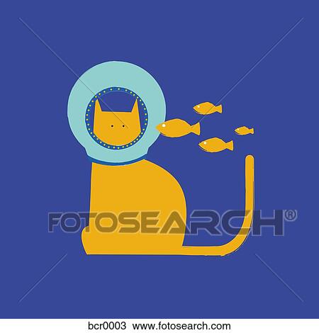 Drawing - A cat wearing a helmet with fish swimming toward it. Fotosearch