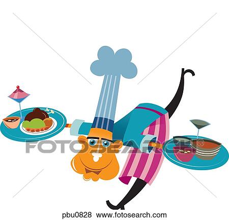 Stock Illustration - A chef holding trays of food and drinks. Fotosearch