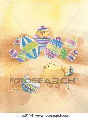Stock Illustration - A chick that has burst out of an Easter egg. Fotosearch