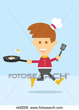 Stock Illustration - A cook with a spatula and eggs on a frying pan. Fotosearch