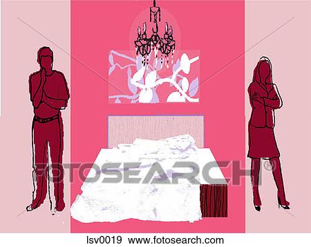 Stock Illustration - A couple standing on opposite sides of their bed. Fotosearch
