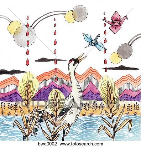 Drawing - A crane looking at flying paper cranes. Fotosearch