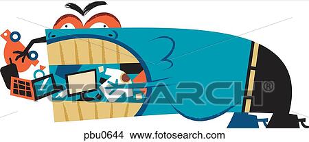 A creature with a big mouth eating pieces of technology and other objects View Large Illustration Stock Illustration - A creature with a big mouth eating pieces of technology and other objects. Fotosearch