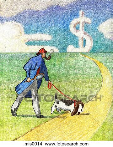 Stock Illustration - A detective with a dog walking down a path. Fotosearch