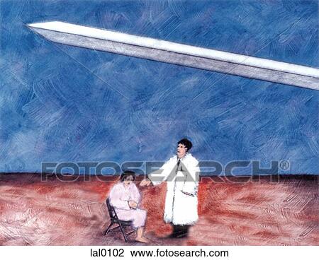 A doctor and patient sitting beneath a sword View Large Illustration Drawing - A doctor and patient sitting beneath a sword. Fotosearch
