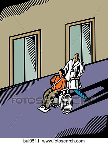 Clip Art - A doctor pushing a patient in a wheelchair. Fotosearch
