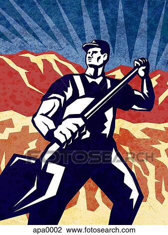A farmer holding a shovel View Large Illustration Drawing - A farmer holding a shovel. Fotosearch