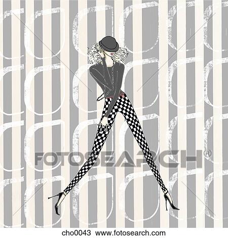 Drawing - A fashionable tall woman wearing checked pants. Fotosearch