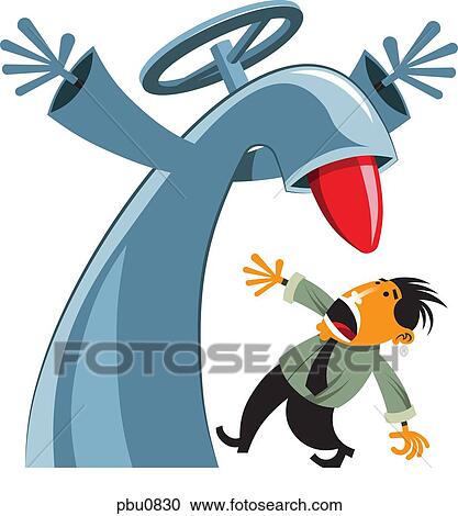 A faucet with a tongue scaring a man who is standing underneath it View Large Illustration Clipart - A faucet with a tongue scaring a man who is standing underneath it. Fotosearch