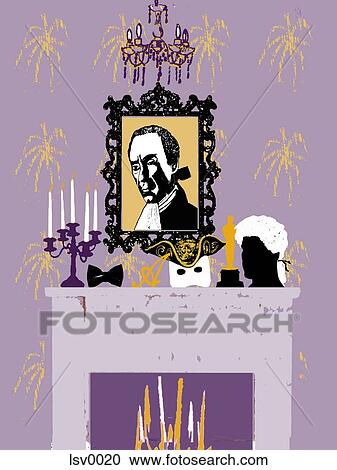 Clipart - A fireplace with a portrait of a man above it. Fotosearch