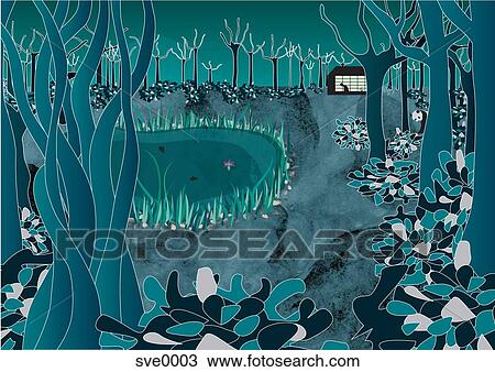 Drawing - A forest with a house in the background and a panda bear behind a tree. Fotosearch