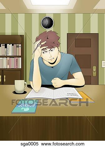 Stock Illustration - A frustrated teenager doing homework. Fotosearch