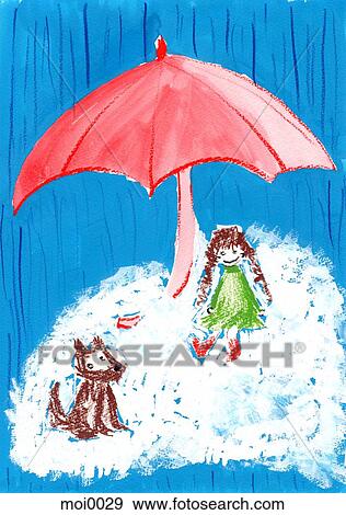 Stock Illustration - A girl and a dog under a red umbrella. Fotosearch