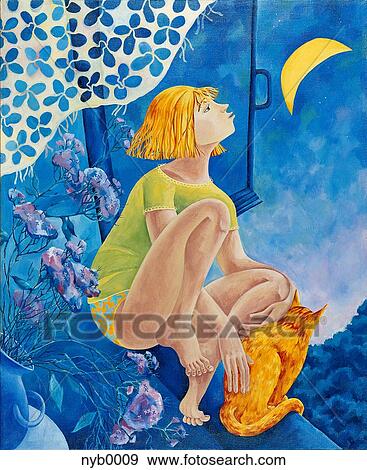 A girl and her cat looking at the moon View Large Illustration Stock Illustration - A girl and her cat looking at the moon. Fotosearch