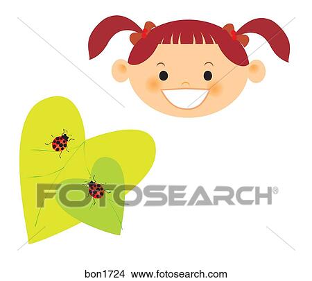 A girl and ladybugs on leaves View Large Illustration Stock Illustration - A girl and ladybugs on leaves. Fotosearch