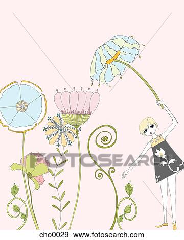 Stock Illustration - A girl holding a big flower. Fotosearch