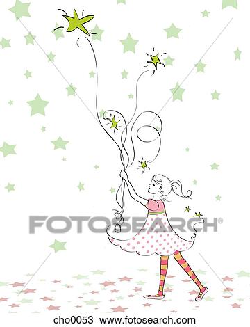 Drawing - A girl holding balloons shaped like stars. Fotosearch