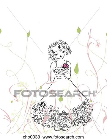 Stock Illustration - A girl in a dress holding a butterfly. Fotosearch