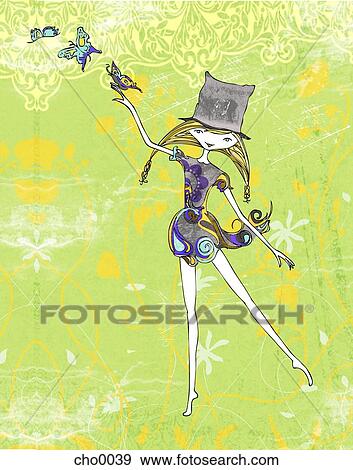 A girl in a hat releasing butterflies View Large Illustration Stock Illustration - A girl in a hat releasing butterflies. Fotosearch