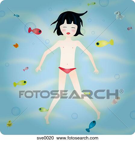 Clipart - A girl in water surrounded by fish. Fotosearch