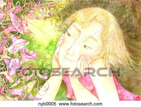 Stock Illustration - A girl looking at flowers. Fotosearch