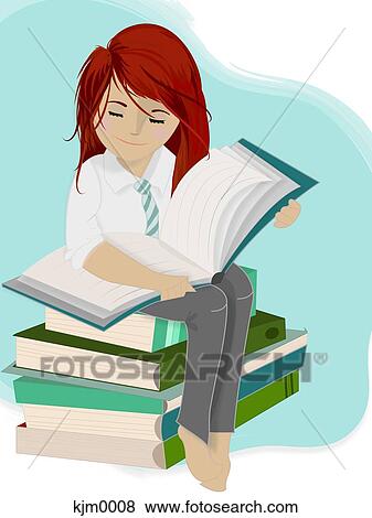Stock Illustration - A girl sitting on a stack of books. Fotosearch