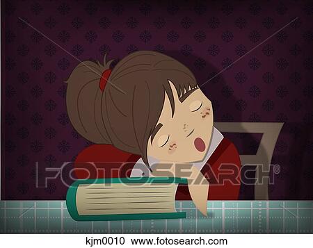 Clipart - A girl sleeping on her books. Fotosearch