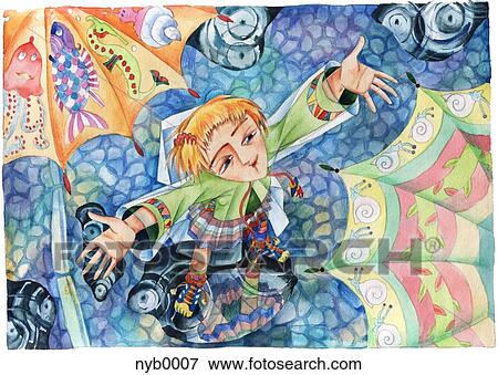 Stock Illustration - A girl standing in a puddle near umbrellas. Fotosearch