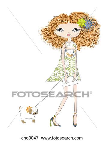 Stock Illustration - A girl with curly hair walking her puppy. Fotosearch