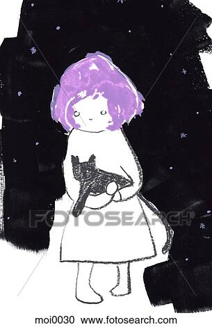 Clipart - A girl with purple hair holding a black cat. Fotosearch