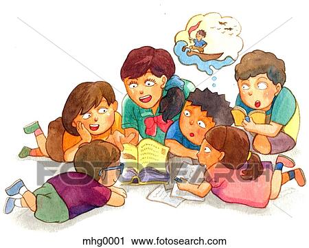 Clip Art - A group of children gathering around reading stories. Fotosearch