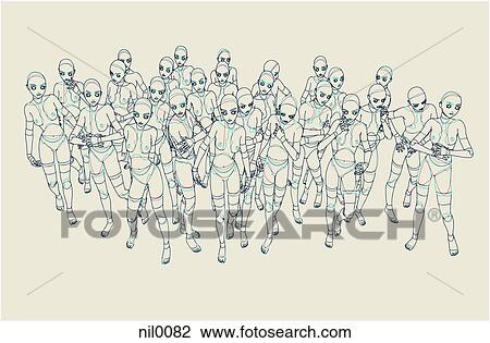 Drawing - A group of robotic people. Fotosearch