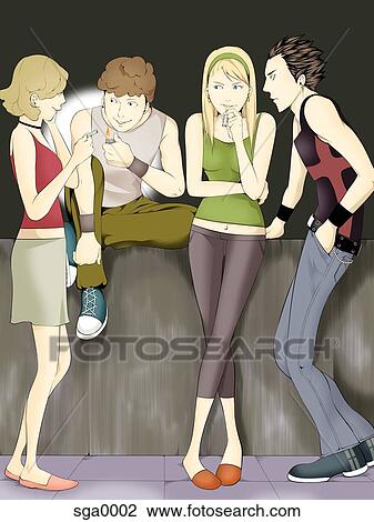Drawing - A group of teenagers smoking. Fotosearch
