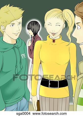 A group of tennagers talking with a shy girl in the background View Large Illustration Stock Illustration - A group of tennagers talking with a shy girl in the background. Fotosearch