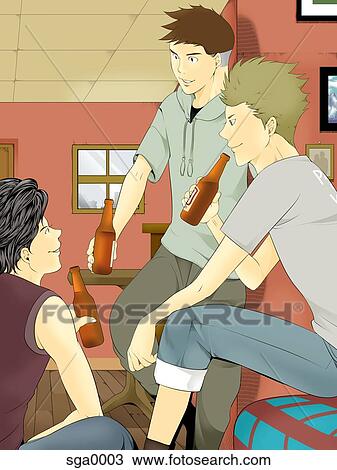 Drawing - A group of youth drinking beer. Fotosearch