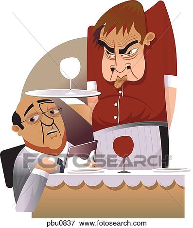 A grumpy waiter serving a businessman View Large Illustration Stock Illustration - A grumpy waiter serving a businessman. Fotosearch