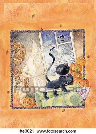 Clip Art - A Halloween scene with a black cat. Fotosearch