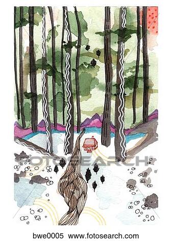 Stock Illustration - A house by a stream in the middle of a forest. Fotosearch
